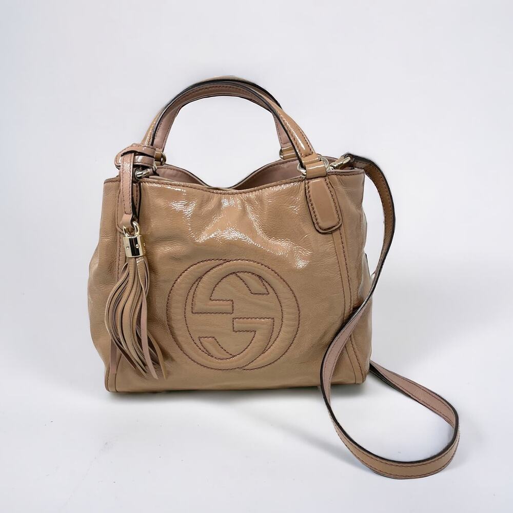 Gucci Soho Patent Leather 2 Way Tote Handbag Shoulder Bag Beige